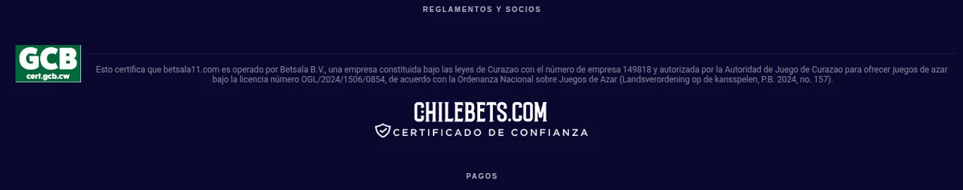 Licencia de Curazao de Betsala y sello de certificación en el pie de su sitio