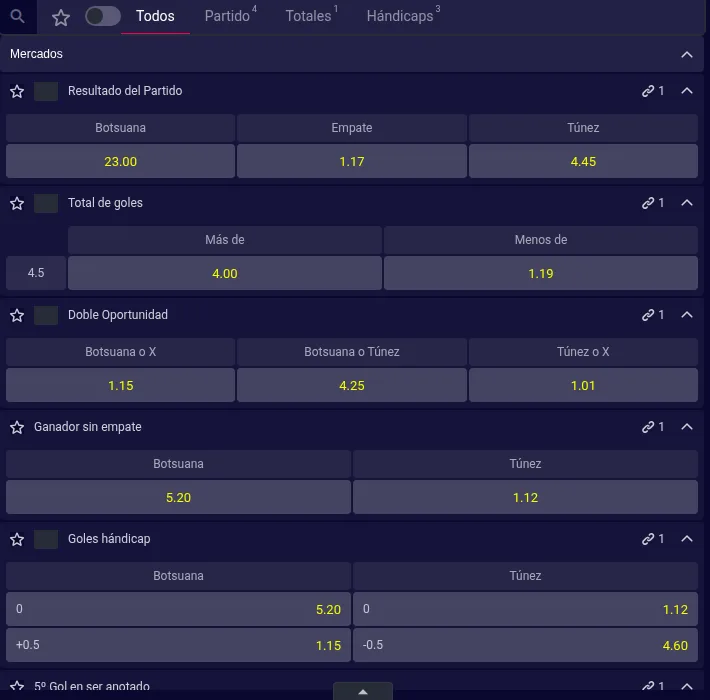 Mercados de un partido en vivo en Betsala: resultado, goles, doble oportunidad y hándicap