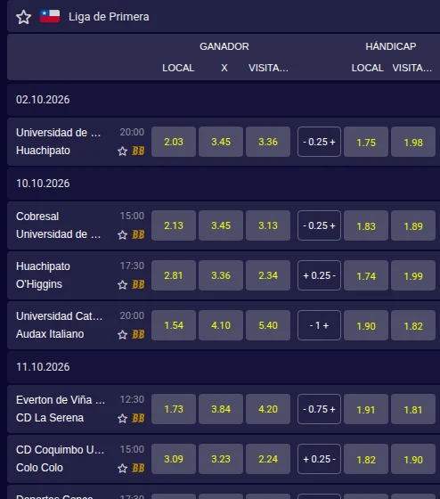 Partidos de la Liga de Primera en Betsala con cuotas de ganador y hándicap