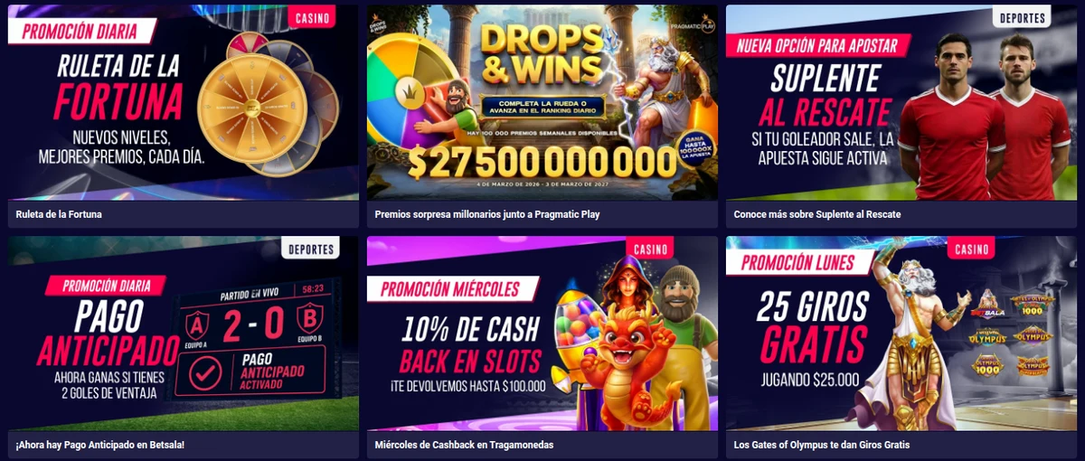 Promociones fijas de Betsala: Ruleta de la Fortuna, Suplente al Rescate, Pago Anticipado y cashback de los miércoles